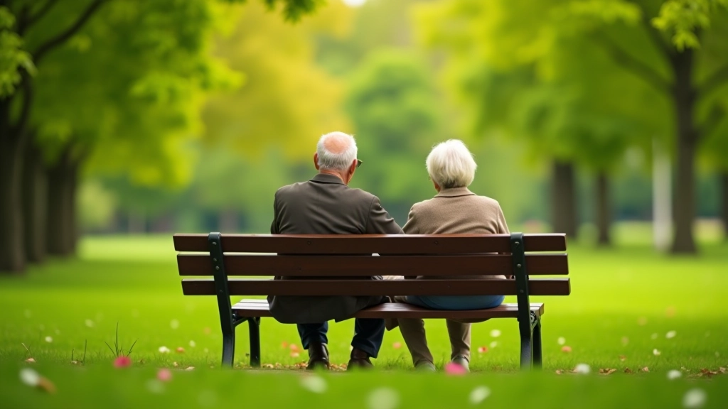 Senioru pāris sēž uz soliņa parkā ar kafiju